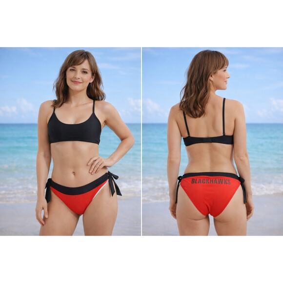 Chicago Blackhawks Y2K Bikini Bottoms Red Black NHL Licensed Sporty Swim - Picture 3 of 9